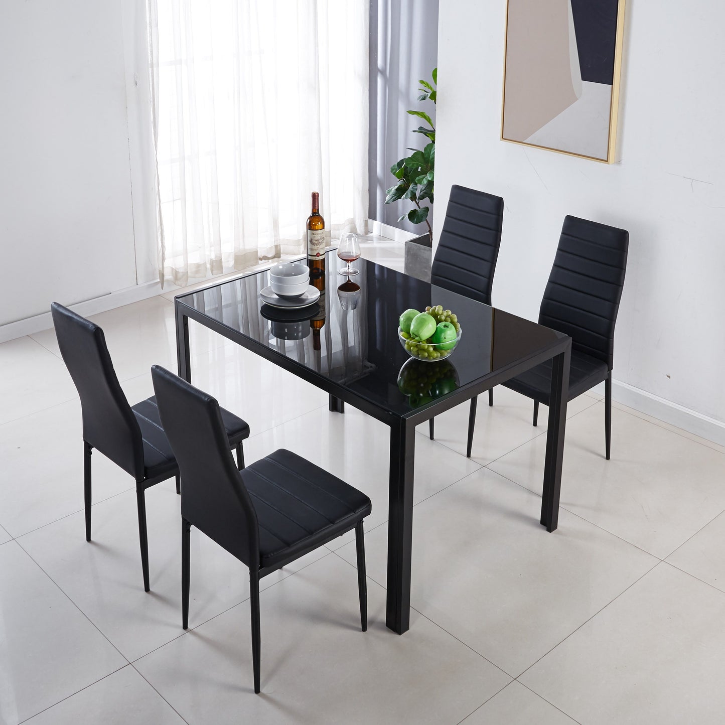 5 Pieces Dining Set, Table Metal Leg Mid-Century Dining Table For 4 - 6 People With Glass Table Top, Pedestal Dining Table, End Table Leisure Coffee Table - Black