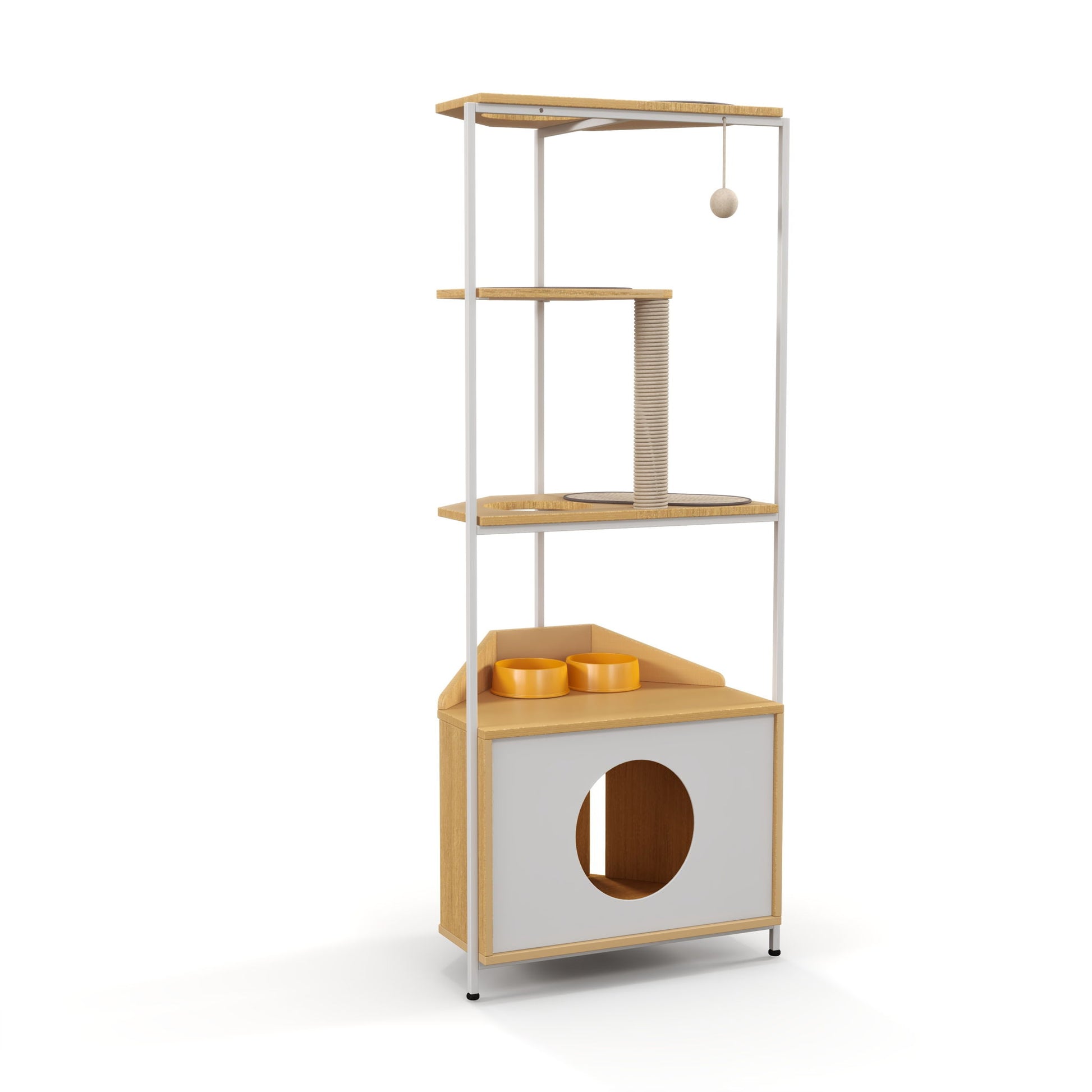Corner Cat Tower, Cat Tree With Scratching Post, Cat Condo With Feeding Station And Climbing Platforms, Pet Furniture For Indoor Cats - White / Light Oak Daily Nest