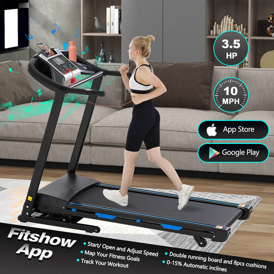 Treadmills For Home, Electric Treadmill With Automatic Incline, Foldable 3.5Hp Workout Running Machine Walking, Double Running Board Shock Absorption Pulse Sensor Bluetooth Speaker App Fitshow - Black Daily Nest
