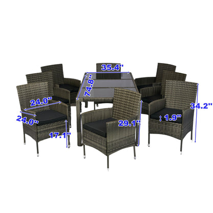 9 Piece Outdoor Patio Wicker Dining Set Patio Wicker Furniture Dining Set Glass Top - Gray / Black Home Essentials