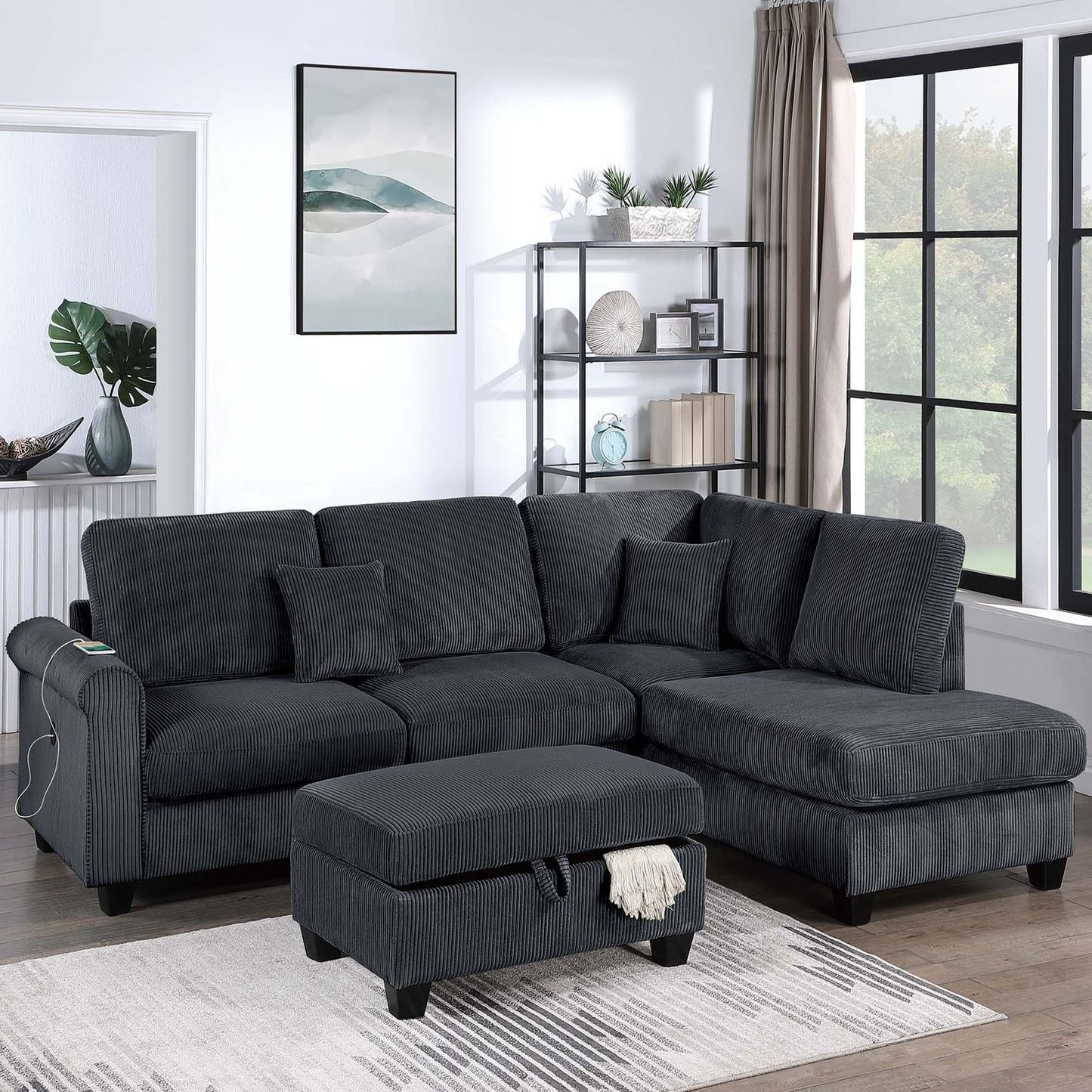 Contemporary Sectional Set With Right Arm Chaise, Left Arm Sofa With USB Port, Storage Ottoman Home Essentials