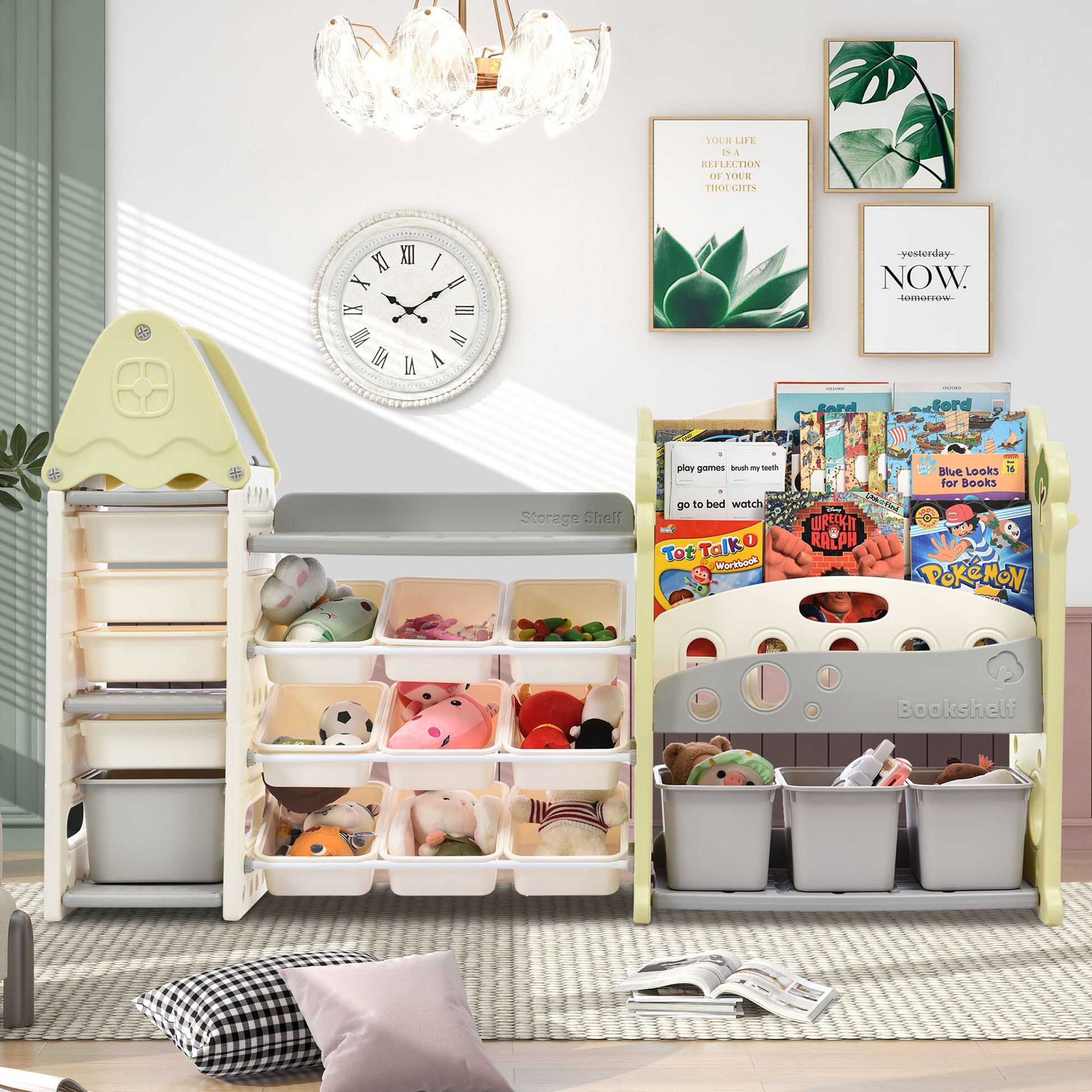Kids Bookshelf Toy Storage Organizer With 17 Bins And 5 Bookshelves, Multi-Functional Nursery Organizer Kids Furniture Set Toy Storage Cabinet Unit With HDPE SheLF And Bins Hearth and Haven