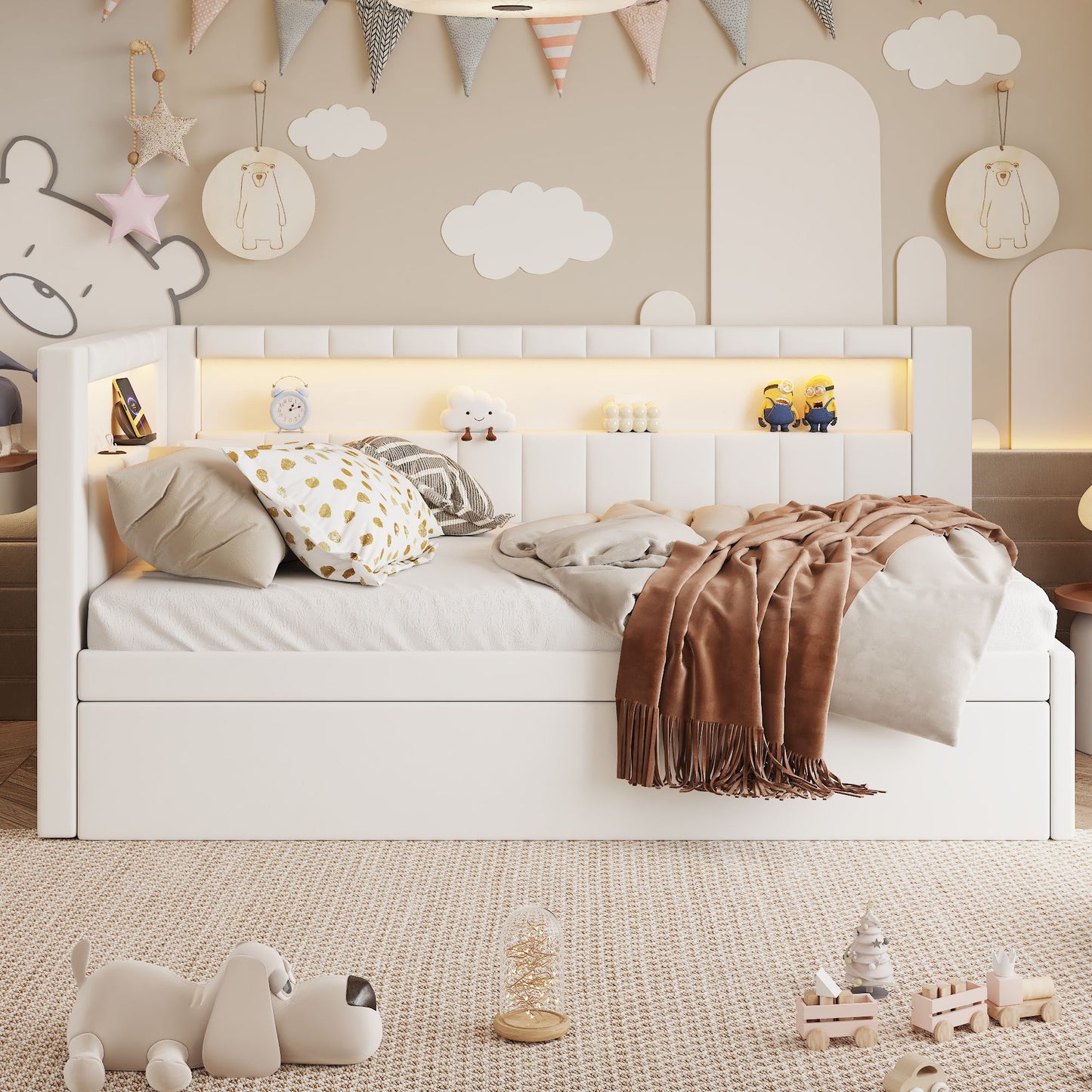 Upholstered Platform Bed With USB Ports And LED Belt Dreamland