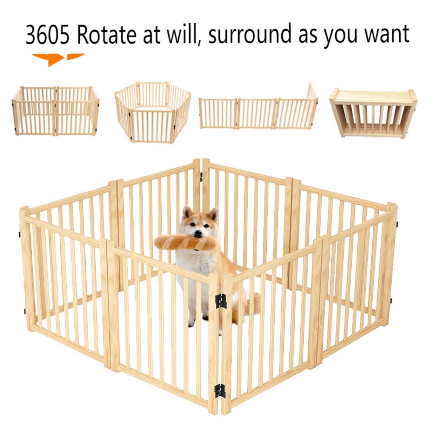 8 Panel Wooden Freestanding Dog Gate, Step Over Indoor Pet Fence For Doorways And Stairs - Natural Wood Daily Nest