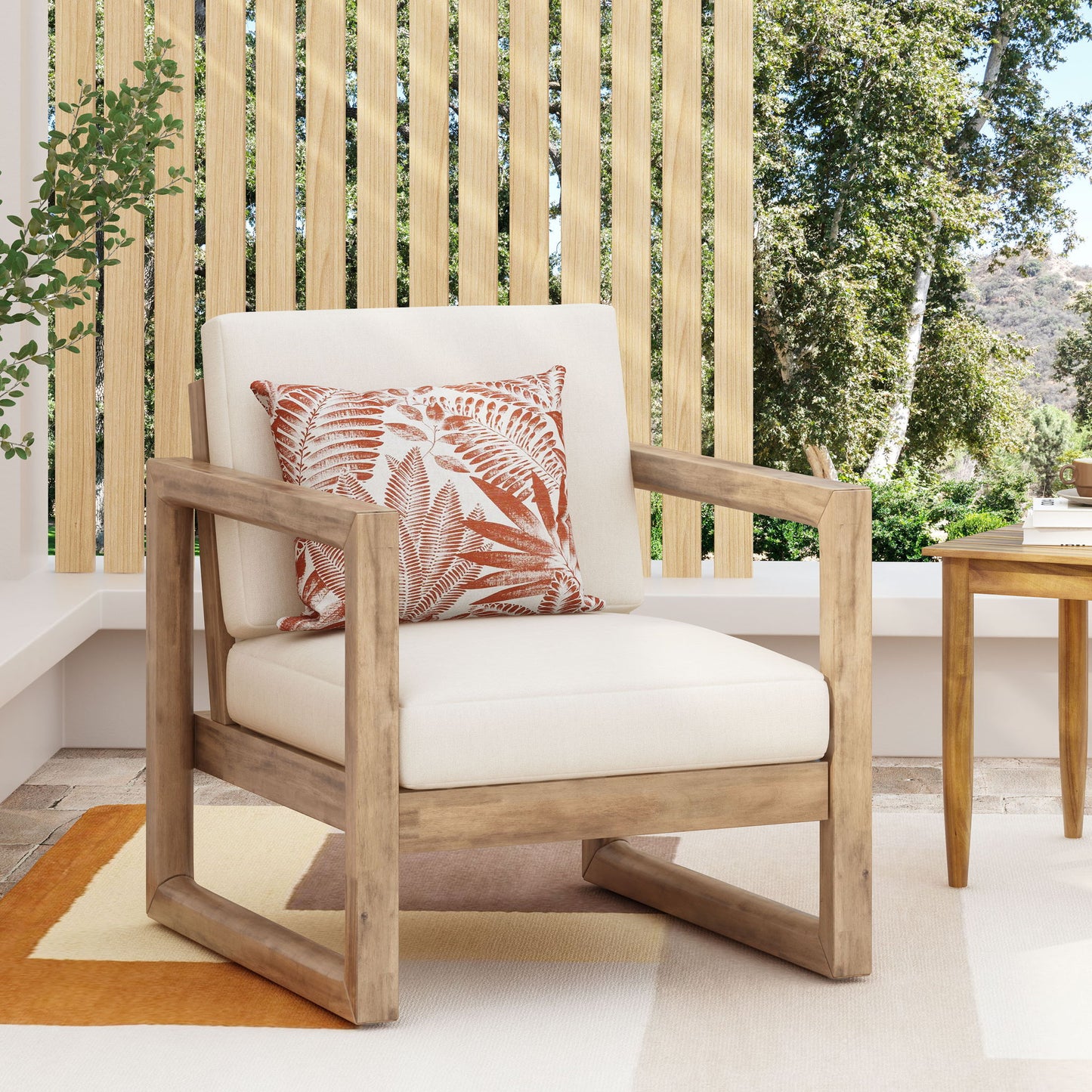 Outdoor Acacia Wood Patio Club Chair, Wood Patio Furniture, Waterproof Thick Cushion Deep Seating For Porch - Brown Wash / Beige Noble House