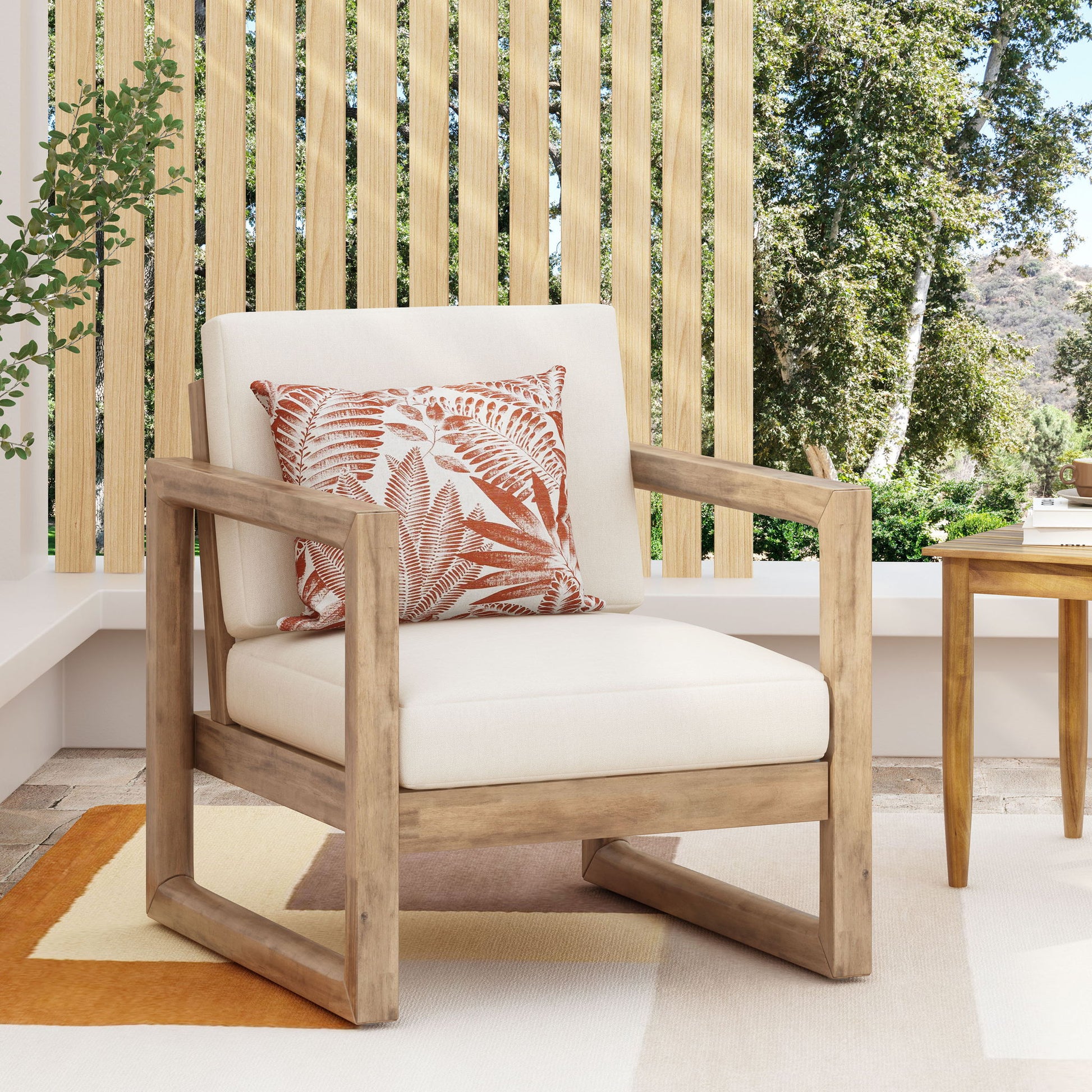 Outdoor Acacia Wood Patio Club Chair, Wood Patio Furniture, Waterproof Thick Cushion Deep Seating For Porch - Brown Wash / Beige Noble House