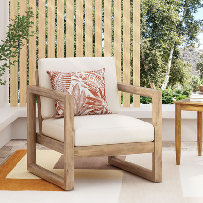 Outdoor Acacia Wood Patio Club Chair, Wood Patio Furniture, Waterproof Thick Cushion Deep Seating For Porch - Brown Wash / Beige Noble House