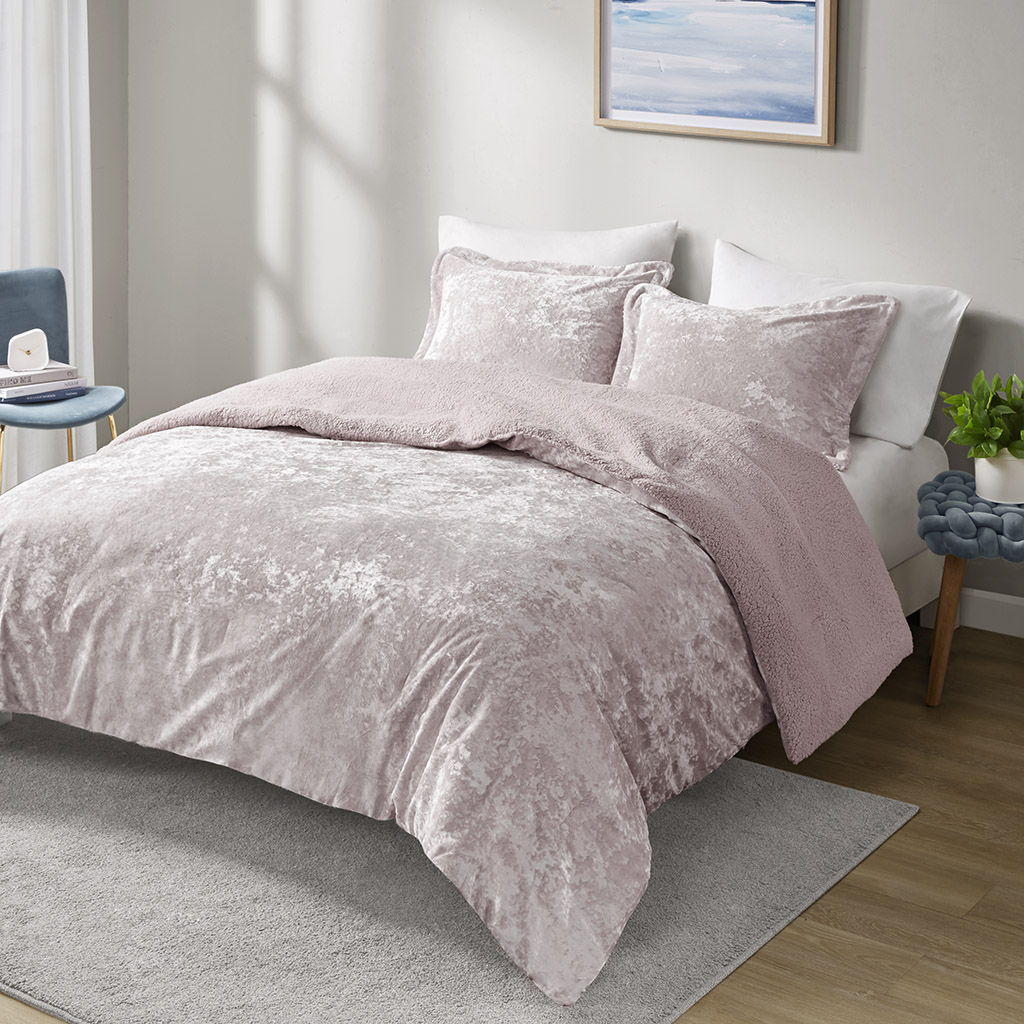 Mira - Crushed Velvet Sherpa Reversible Twin Comforter Set - Lavender