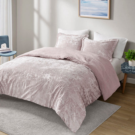 Mira - Crushed Velvet Sherpa Reversible King Comforter Set - Lavender Intelligent Design