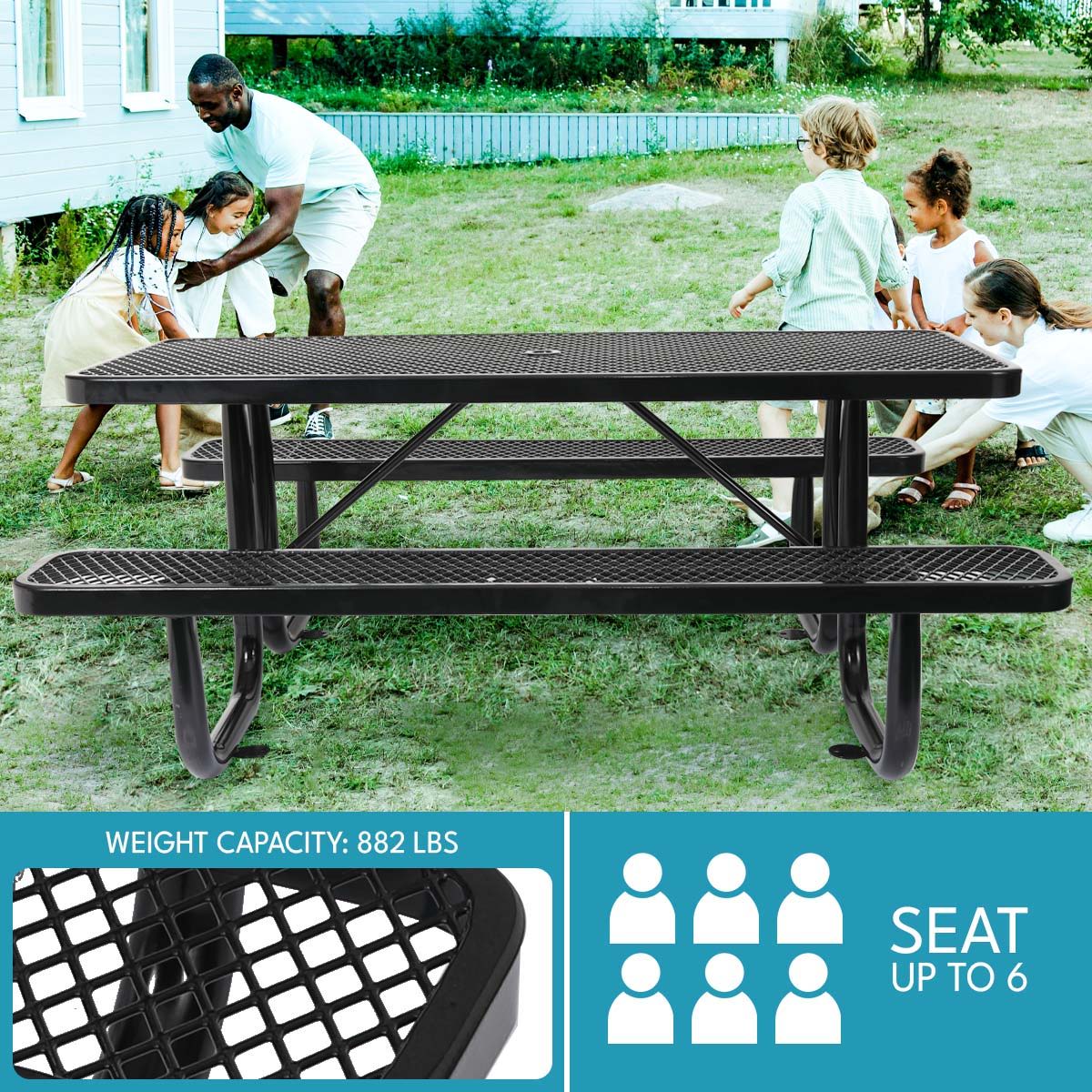 Outdoor Steel Picnic Rectangular Table With Umbrella Pole Home Essentials