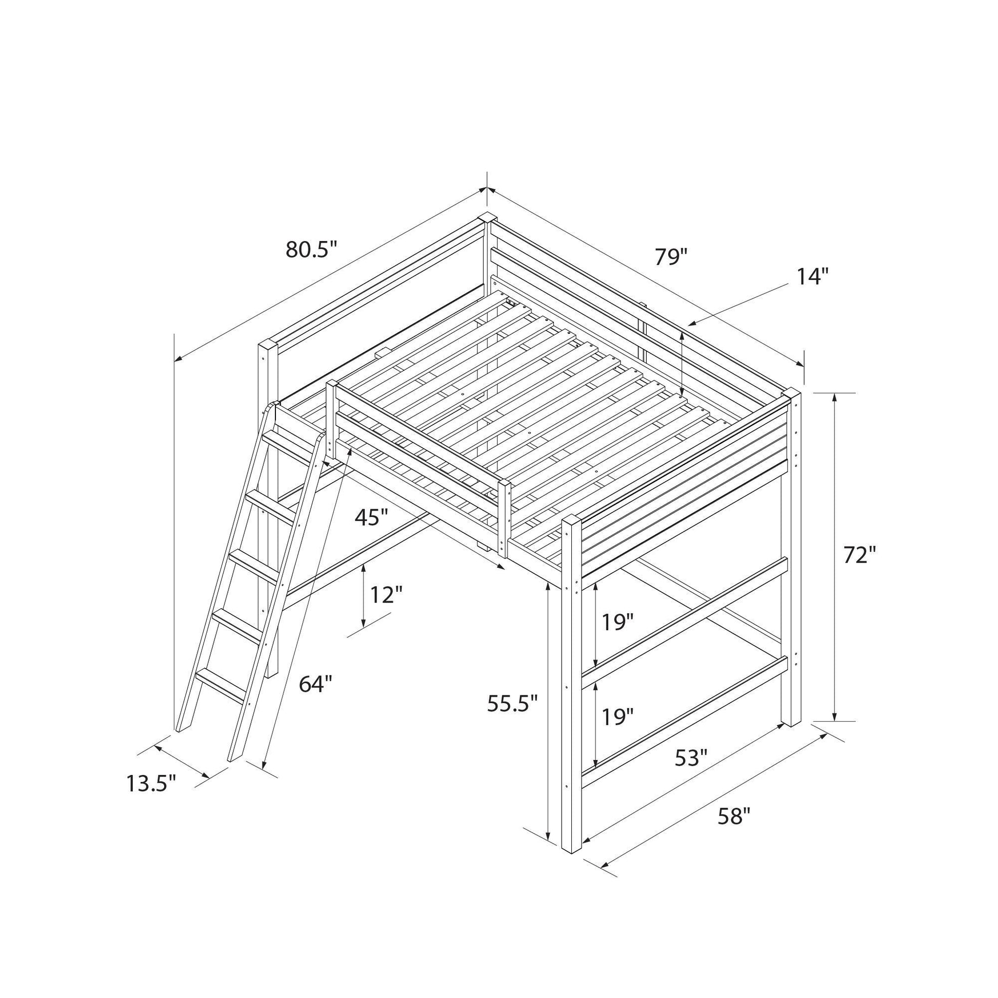 Denver - Full Size Loft Bed, Spacious Under Bed Space, Ladder & Guardrails - Gray Home Essentials