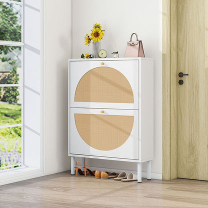 2 Door Shoe Rack, Rattan, Double Layer, Suitable For Living Room, Hallway - White Daily Nest