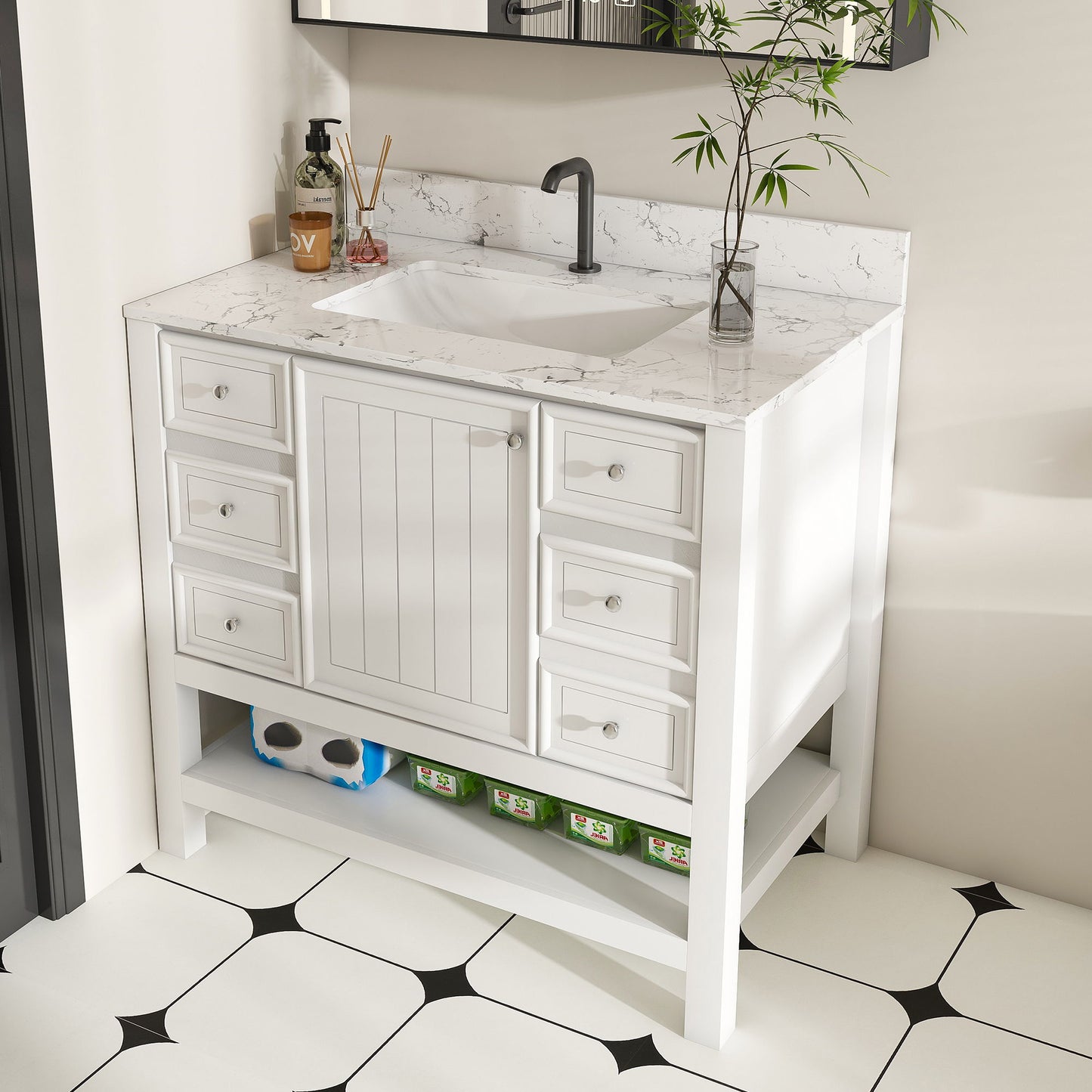 37" Bathroom Vanity, Multi Functional Cabinet With Doors And Drawers, Frame, Single Faucet Hole - White Home Essentials