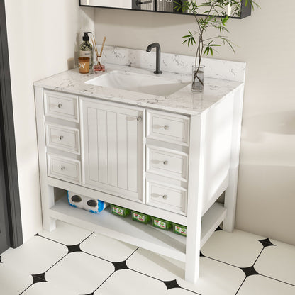 37" Bathroom Vanity, Multi Functional Cabinet With Doors And Drawers, Frame, Single Faucet Hole - White Home Essentials