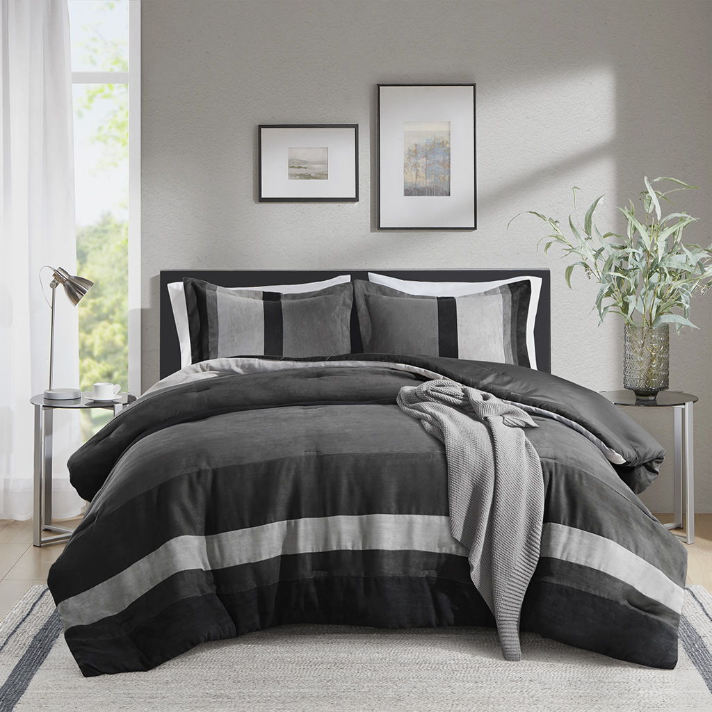 Boulder Stripe - Full/Queen Pieced Comforter Set - Black Super Listing