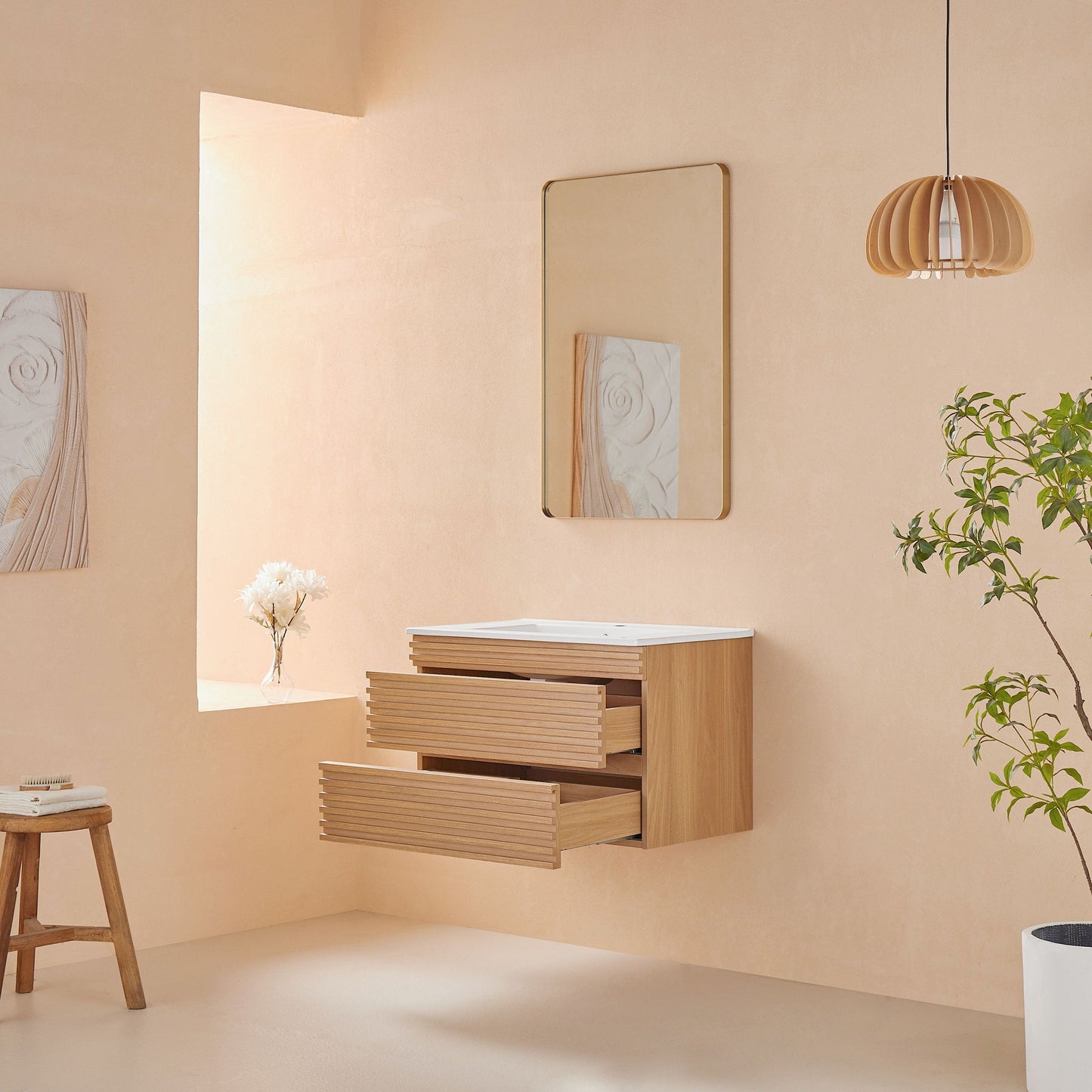 Wall Mounted & Floating Single Vanity With Ceramic Sink - Natural Walnut Home Essentials