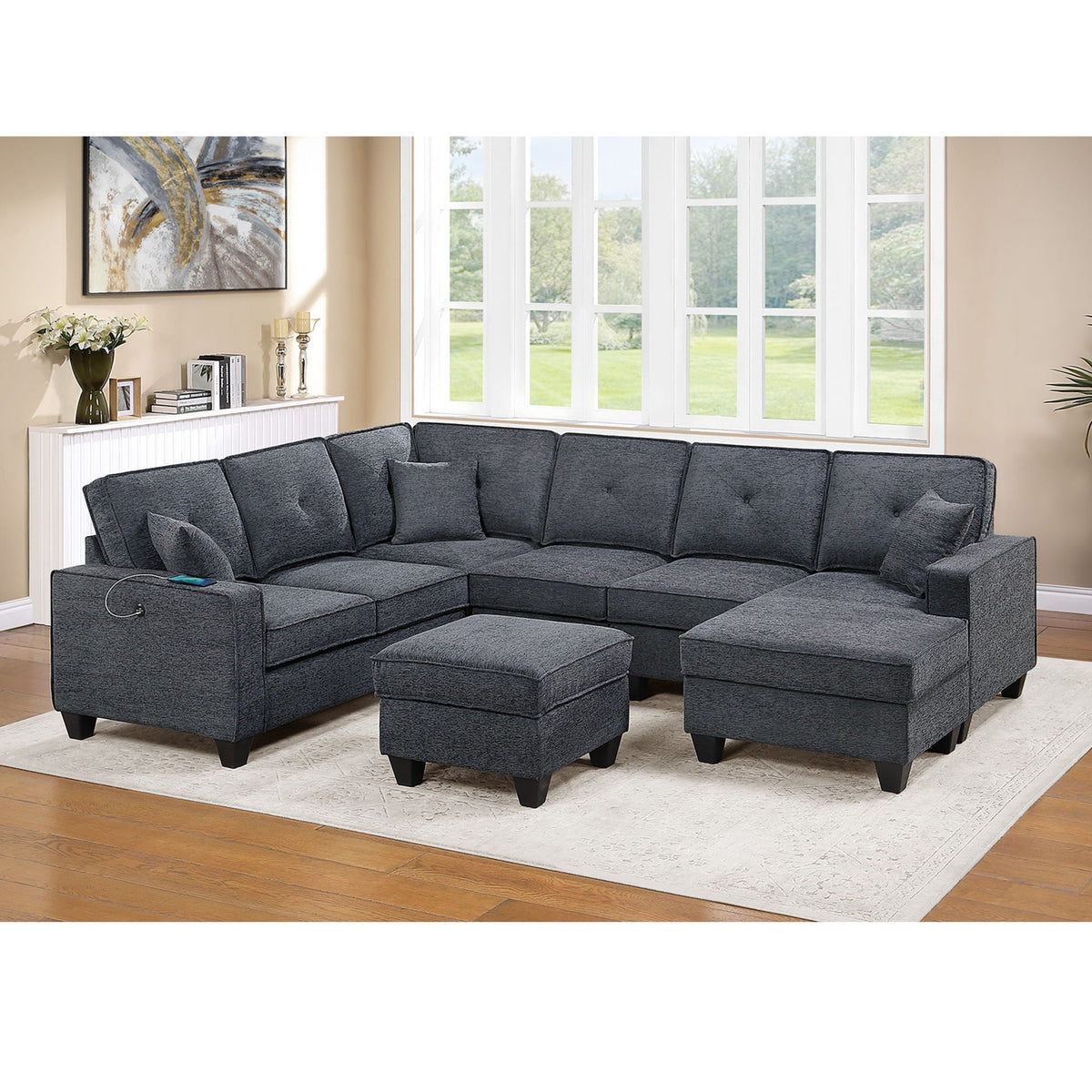 5 Piece Sectional Set With USB Port And Ottoman Home Essentials