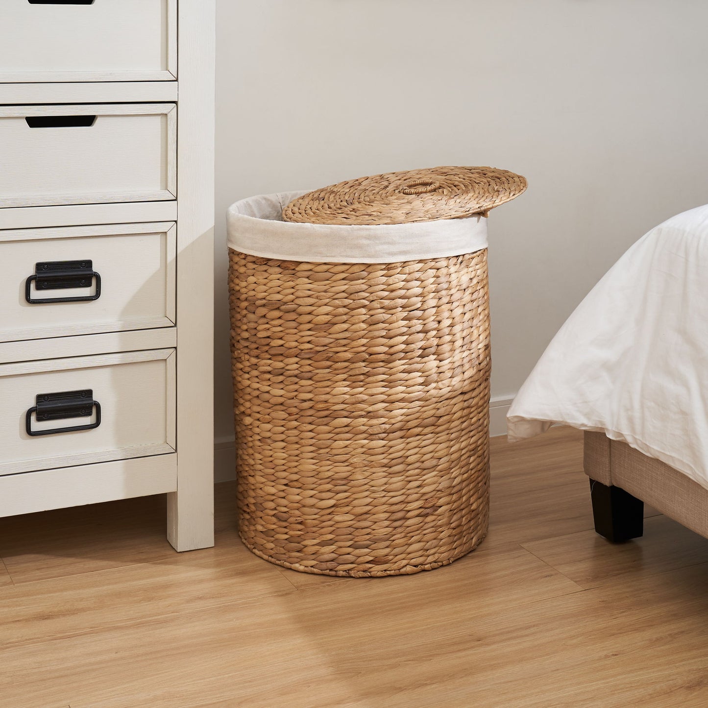 Round Tall Water Hyacinth Woven Wicker Laundry Hamper With Lid - For Clothes, Canvas, Toys And Book Storage With Removable Liner - 15" X 15" X 20" - Natural Brown Daily Nest