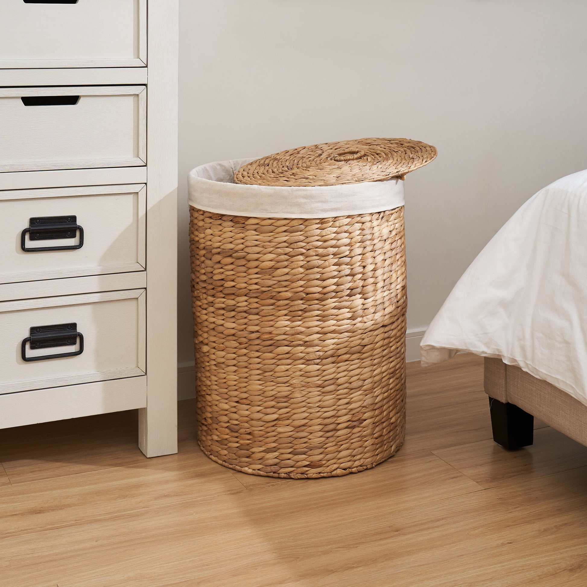 Round Tall Water Hyacinth Woven Wicker Laundry Hamper With Lid - For Clothes, Canvas, Toys And Book Storage With Removable Liner - 15" X 15" X 20" - Natural Brown Daily Nest