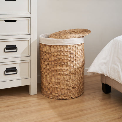 Round Tall Water Hyacinth Woven Wicker Laundry Hamper With Lid - For Clothes, Canvas, Toys And Book Storage With Removable Liner - 15" X 15" X 20" - Natural Brown Daily Nest