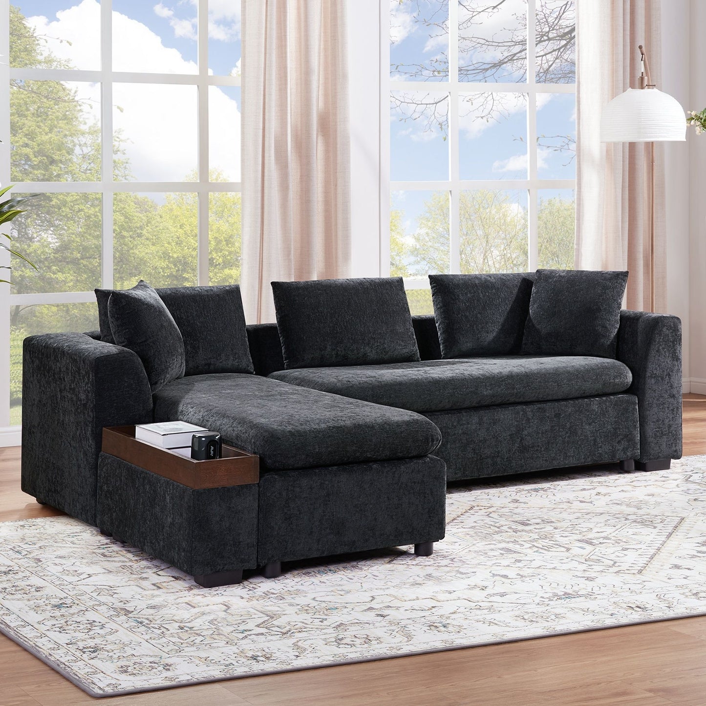 Modern L Shaped Sectional Sofa With Chenille Upholstery And Wooden Storage Hearth and Haven