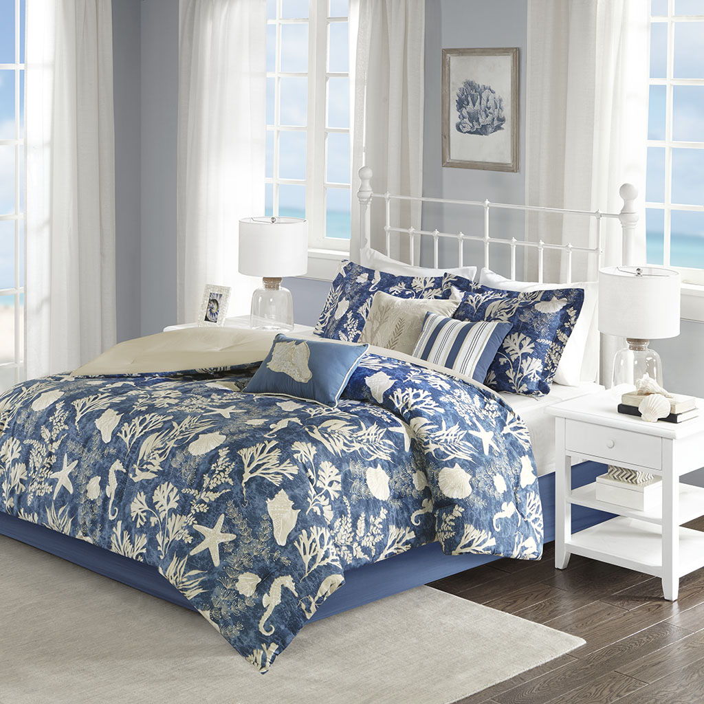 Cape Cod - Queen 7 Piece Sateen Comforter Set - Blue Madison Park