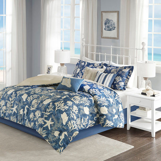 Cape Cod - Queen 7 Piece Sateen Comforter Set - Blue Madison Park