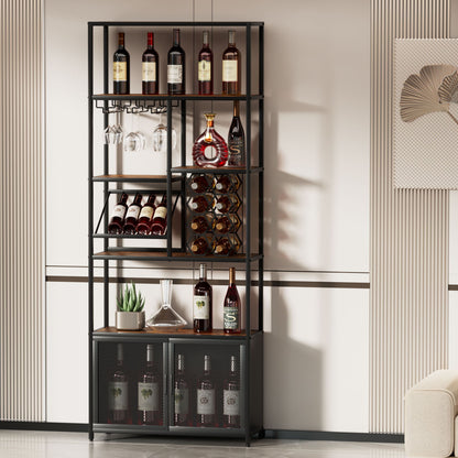 82.7" Industrial Standing Wine Rack With Glass Rack Tall Freestanding Floor Bar Cabinet - Walnut / Black