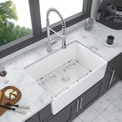 Sink 30" Apron Front Reversible Single Bowl Kitchen Sink With Grid, Strainer - White Daily Nest