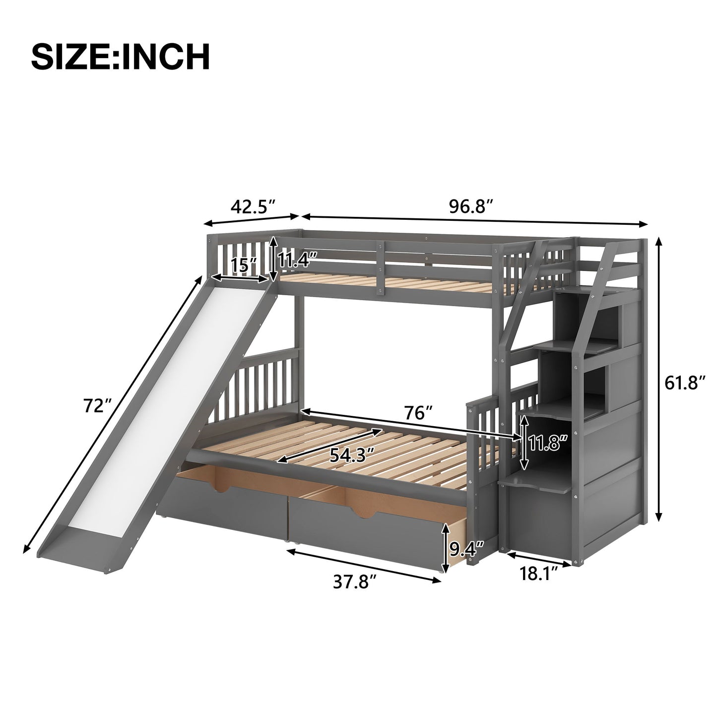 Bunk Bed With Storage Staircase, Slide, Desk, Drawers, And Shelves Hearth and Haven