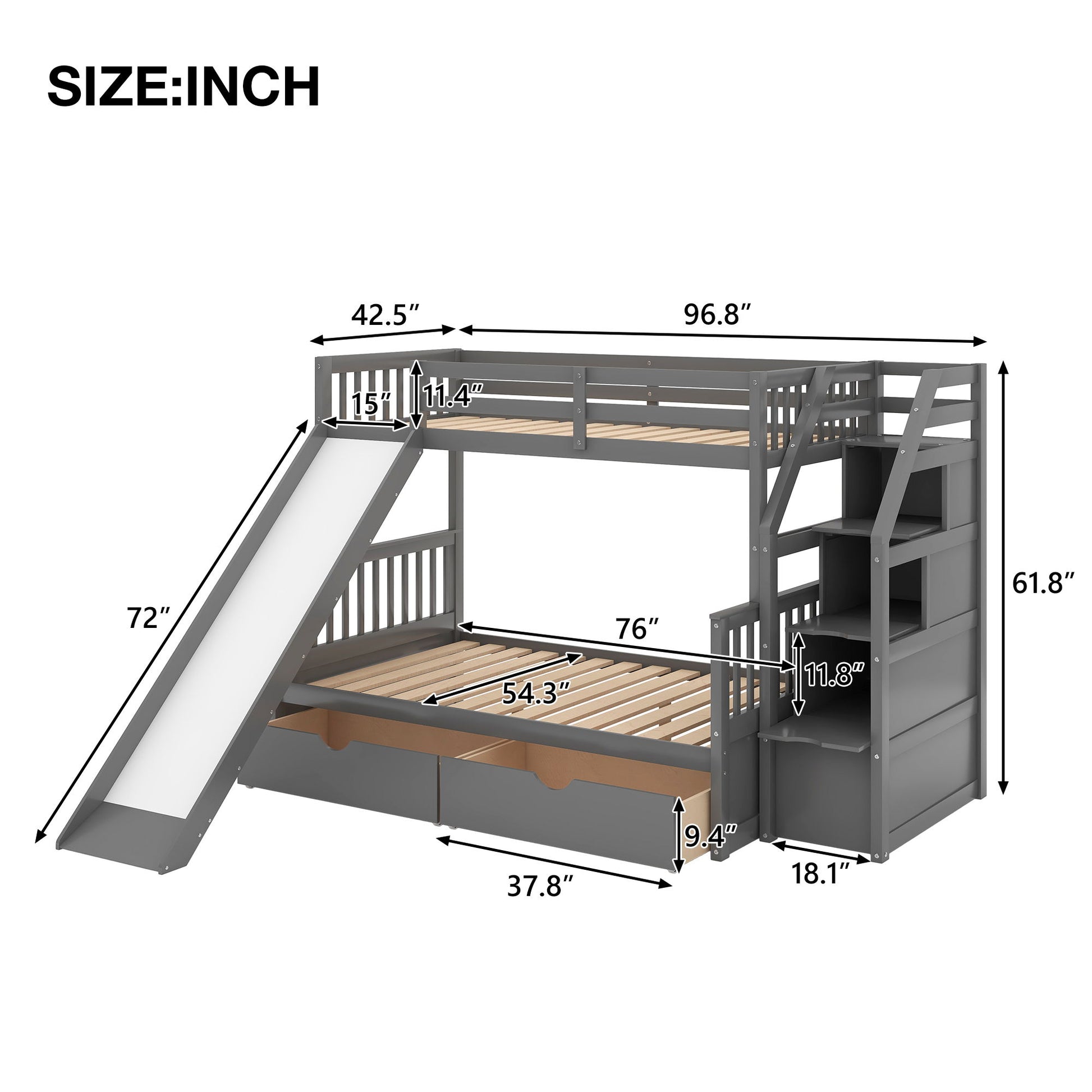 Bunk Bed With Storage Staircase, Slide, Desk, Drawers, And Shelves Hearth and Haven