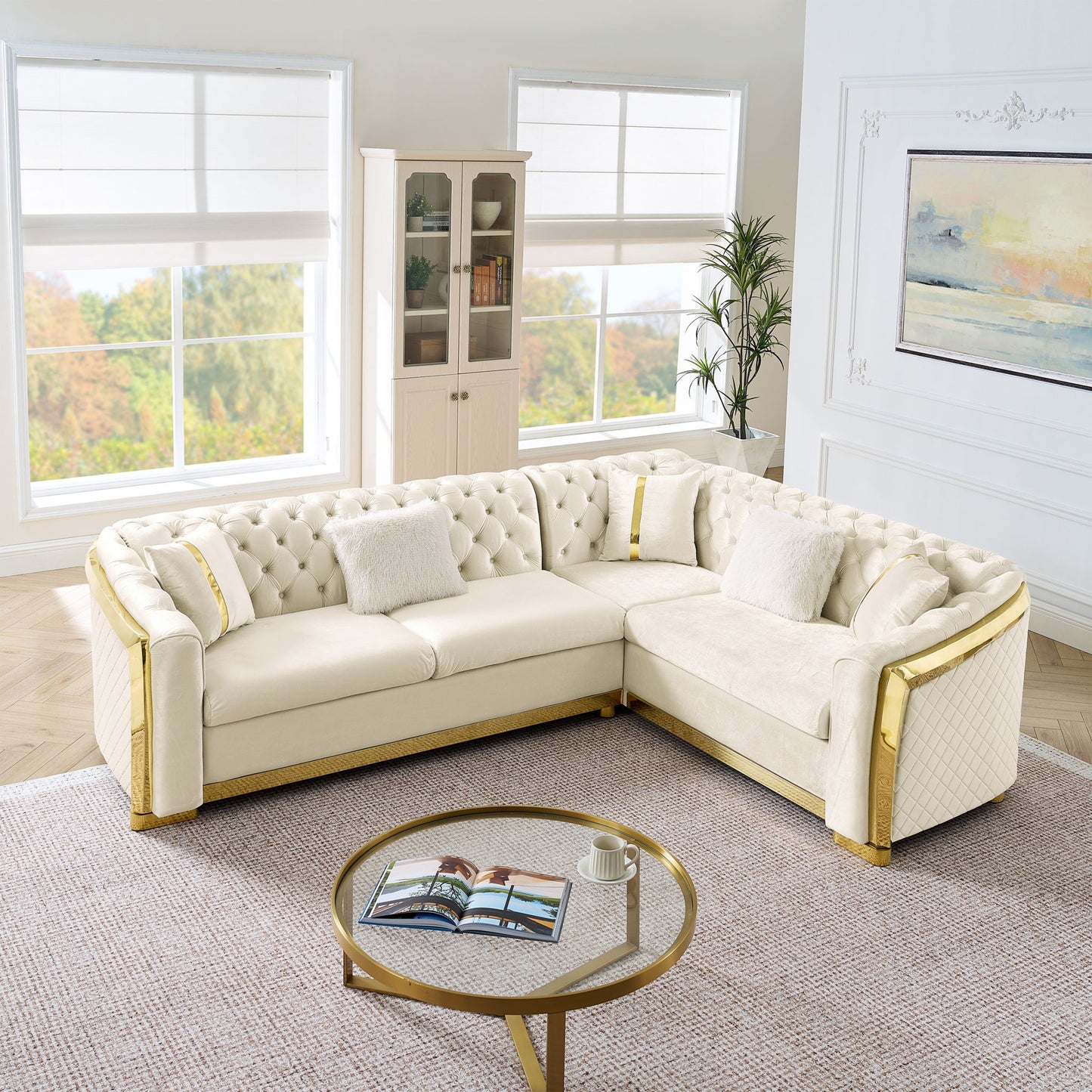 L Shaped Chesterfield Sectional Sofa With Stainless Steel Accents Home Essentials