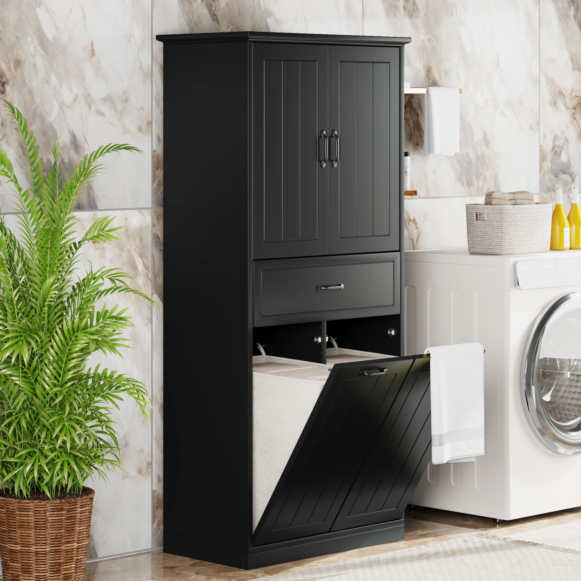 Modern Bathroom Storage Cabinet With Two Laundry Baskets, One Drawer, Adjustable Shelf Noble House