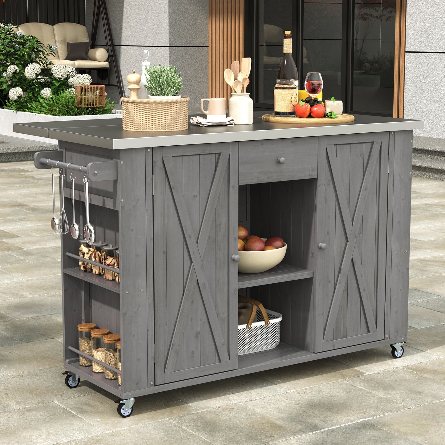 Outdoor Kitchen Island With Stainless Steel Top, Ample Storage Space, Towel And Spice Racks And A Bottle Opener Hearth and Haven