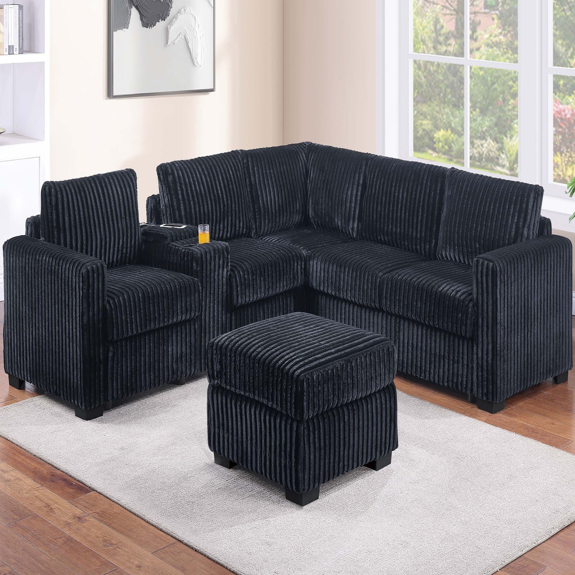 Contemporary L-Shaped Sectional Set With USB Console & Ottoman Home Essentials