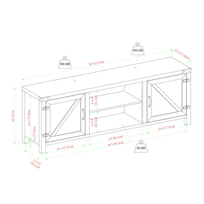 Rustic Farmhouse Double Barn Door 70" TV Stand For 80" TVs With Center Shelves