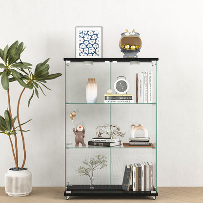 Modern Display Cabinet With LED Lights, Transparent Tempered Glass 2 Door Storage Case With 3 Shelves Home Essentials