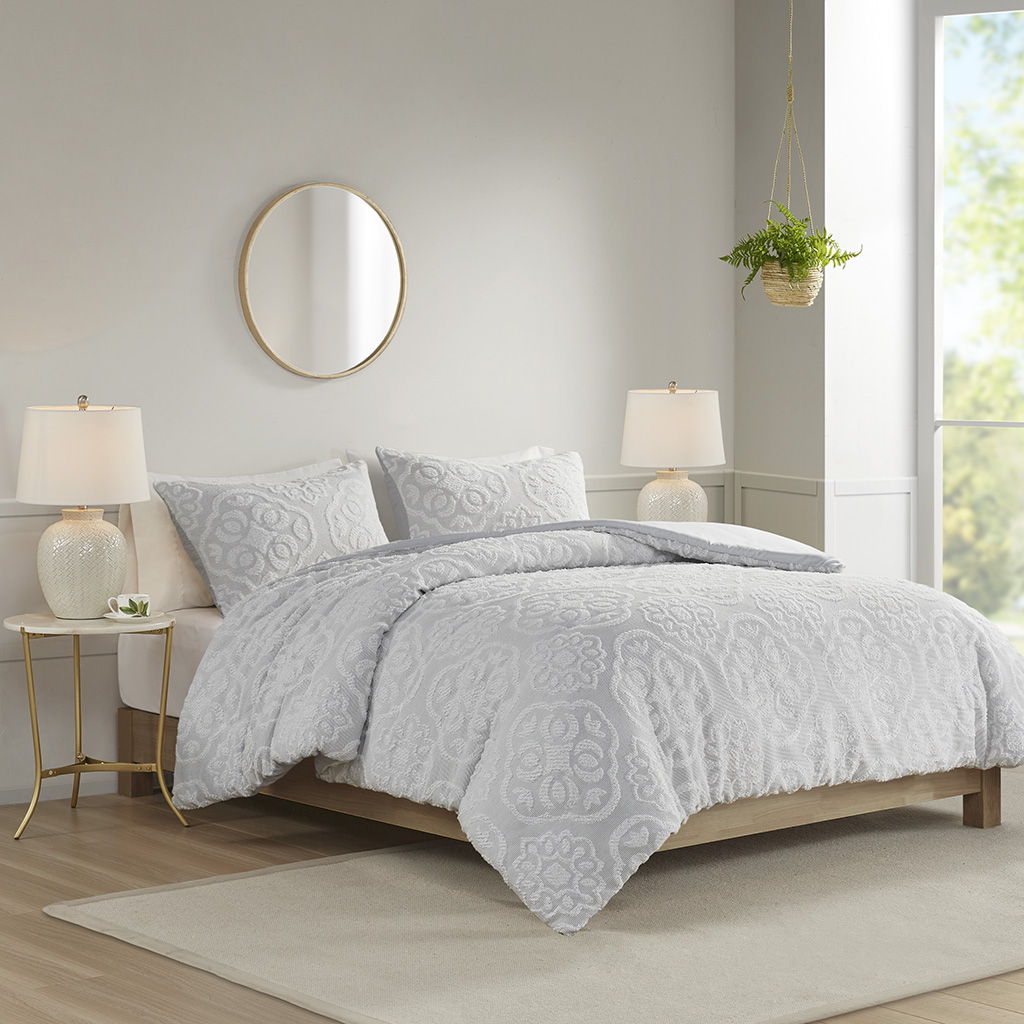 Everly - 3 Piece Tufted Woven Medallion Duvet Cover Set - Gray