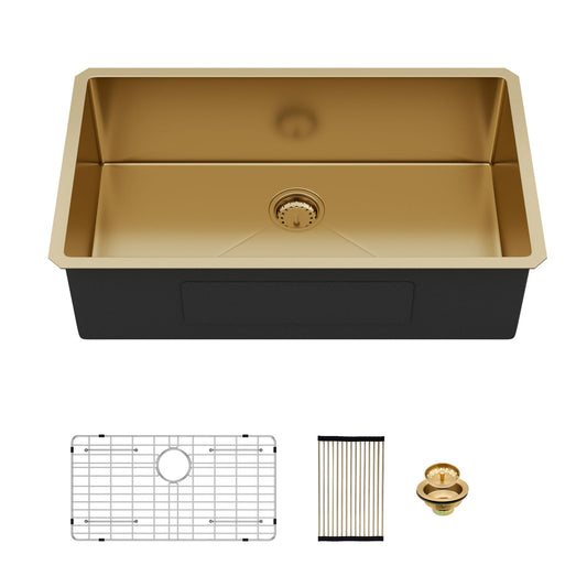 Gold Finish Undermount Stainless Steel Kitchen Sink 32" X 19" 16 Gauge Deep Single Bowl Daily Nest