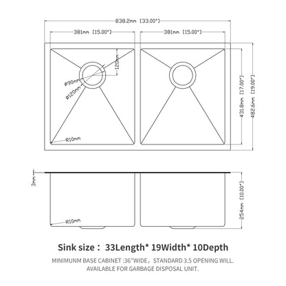 Double Bowl Undermount Kitchen Sink 16 Gauge 33" X 19" With Dual 10" Deep Basins - Gunmetal Black Daily Nest