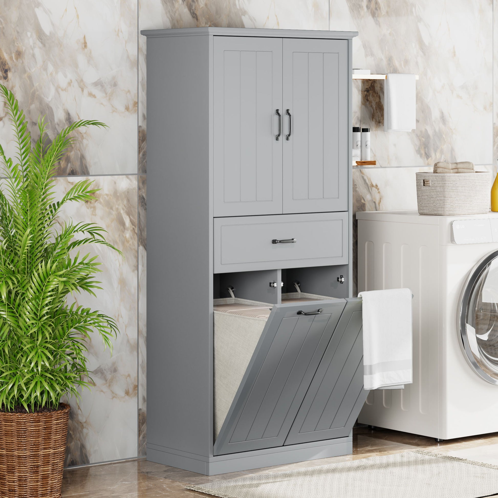 Modern Bathroom Storage Cabinet With Two Laundry Baskets, One Drawer, Adjustable Shelf Noble House