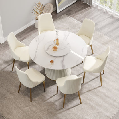 Modern Artificial Stone Round Plywood Base Dining Table, Can Accommodate 6 People, Artificial Stone Turntable (Not Including Chairs) - White / Beige Home Essentials