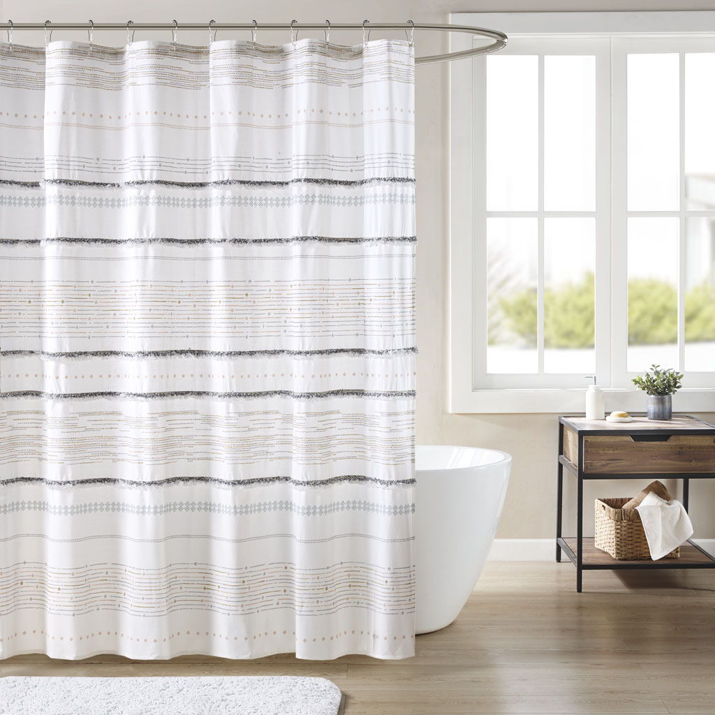 Nea - Printed Shower Curtain With Trims - Off White / Gray