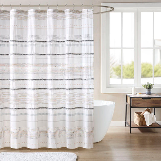 Nea - Printed Shower Curtain With Trims - Off White / Gray