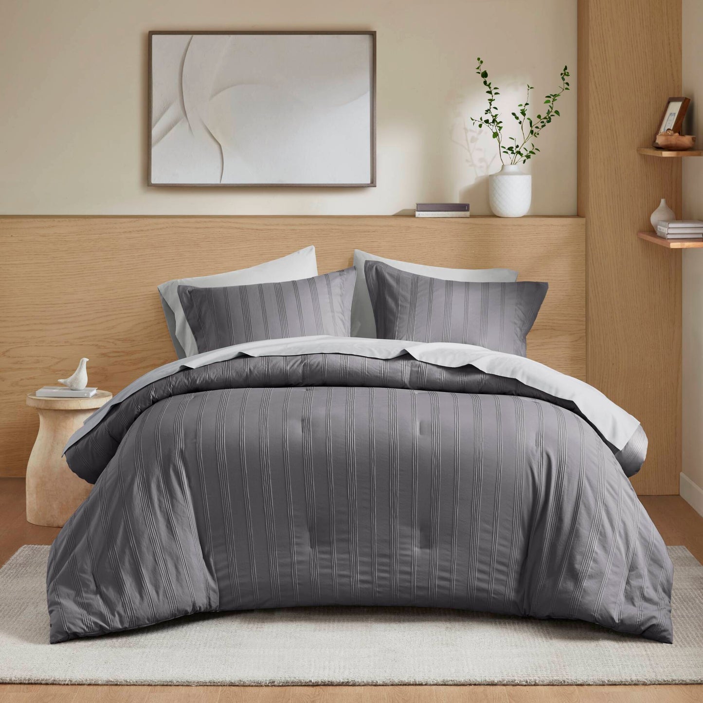 Logan - Queen Striped Comforter Set - Charcoal Super Listing