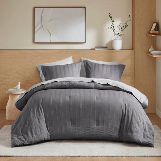 Logan - King Striped Comforter Set - Charcoal Super Listing