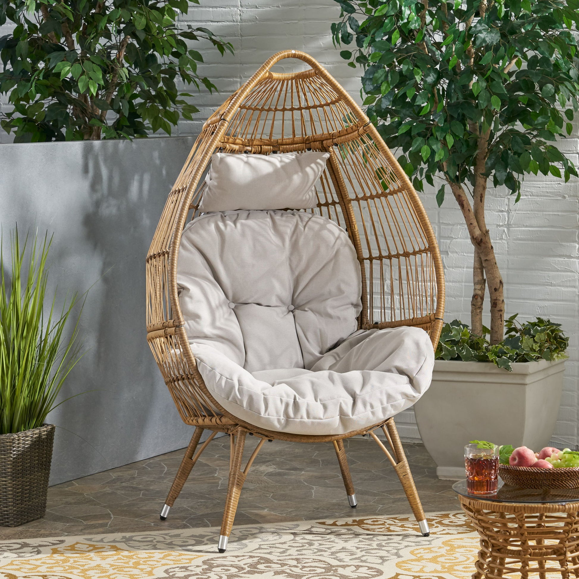 Basket Chair With Teardrop Shape And Water Resistant Cushion - Natural Noble House