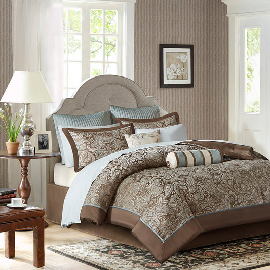 Aubrey - King 12 Piece Complete Bed Set - Blue / Brown