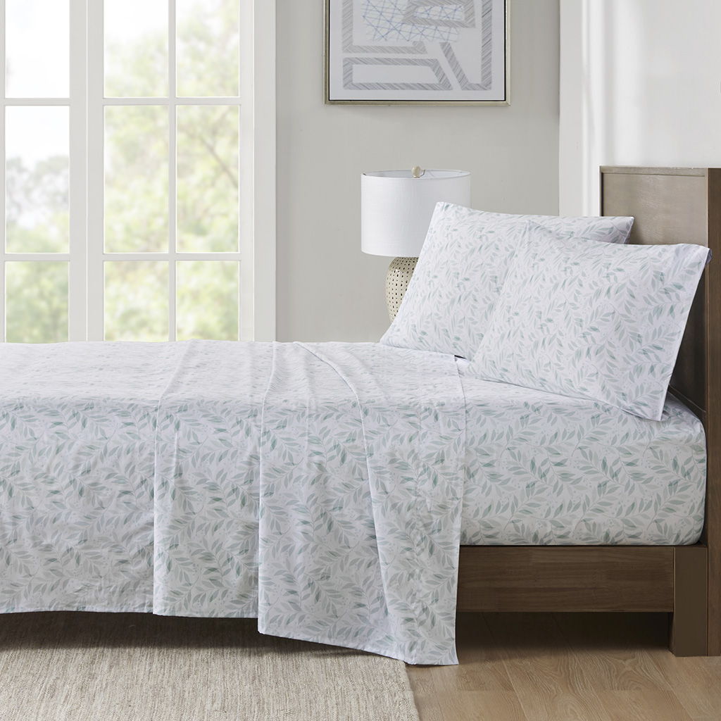 200 Thread Count Printed Cotton - King Sheet Set - Green Leaves