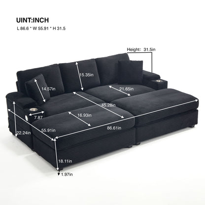 Convertible Sectional Sofa Bed Set With Armrest Storage, Cup Holder, USB - Black Home Essentials